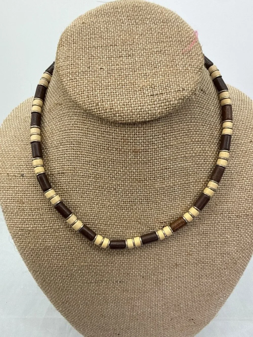 Vintage Y2K Surf Wood Beaded Choker Necklace Brown Beige Boho Cyber Grunge